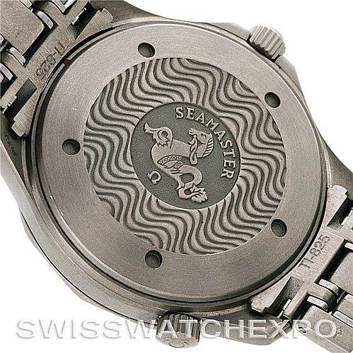 The image shows the back case and bracelet of an Omega Seamaster 2232.80.00 Men
s Titanium Blue Dial 2232.80.00 Men
s Titanium Blue Dial watch, highlighting engraved detailing and the brand
s emblem.