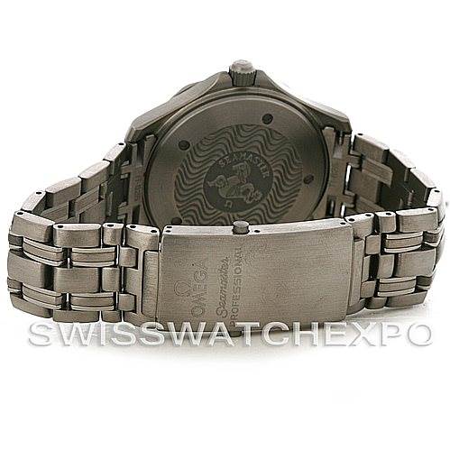 This image shows the back and bracelet of an Omega Seamaster 2232.80.00 Men
s Titanium Blue Dial 2232.80.00 Men
s Titanium Blue Dial watch, including the clasp and engraved case back.