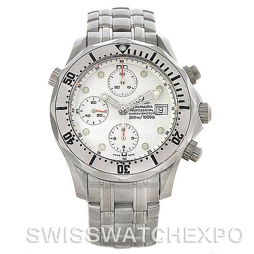 Front view of the Omega Seamaster 2598.20.00 Men's Stainless Steel White Dial 2598.20.00 Men's Stainless Steel White Dial watch showing the face, bezel, chronograph dials, date display, crown, and pushers.