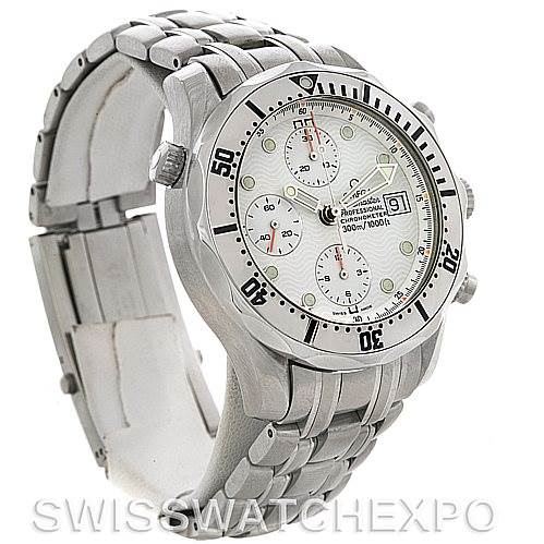 This image shows a side and front angle of the Omega Seamaster 2598.20.00 Men's Stainless Steel White Dial 2598.20.00 Men's Stainless Steel White Dial watch, highlighting the face, bezel, and stainless-steel bracelet.