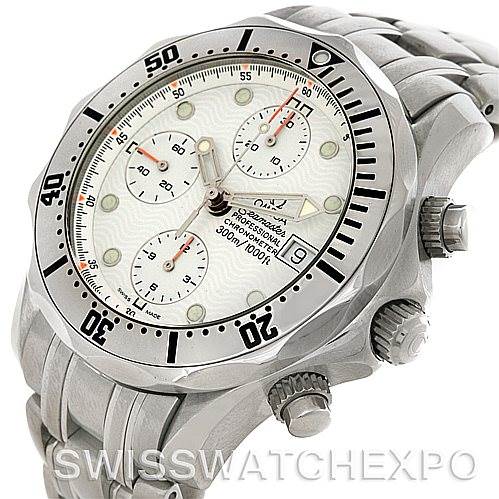 The image shows an Omega Seamaster 2598.20.00 Men's Stainless Steel White Dial 2598.20.00 Men's Stainless Steel White Dial watch at an angle highlighting the face, bezel, crown, pushers, and metal bracelet.