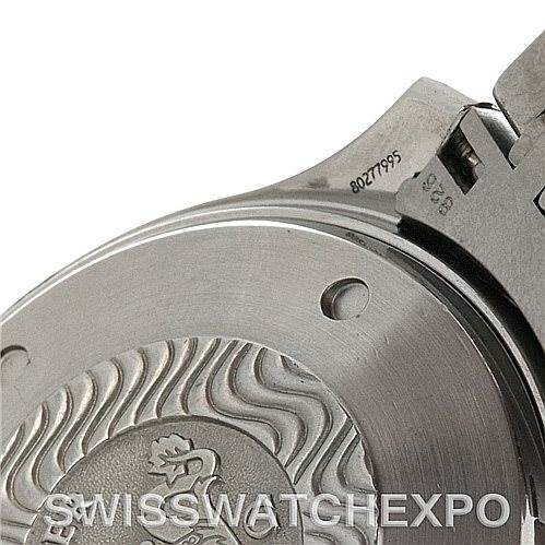 The image shows the back case and part of the bracelet of an Omega Seamaster 2598.20.00 Men's Stainless Steel White Dial 2598.20.00 Men's Stainless Steel White Dial watch, with visible engraving details.