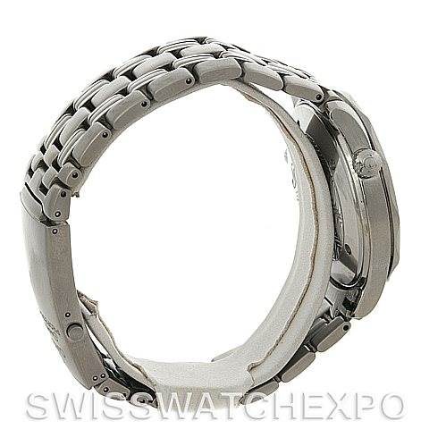 The image shows a side view of an Omega Seamaster 2531.80.00 Men
s Stainless Steel Blue Dial 2531.80.00 Men
s Stainless Steel Blue Dial watch, highlighting the bracelet and side of the case with the crown.