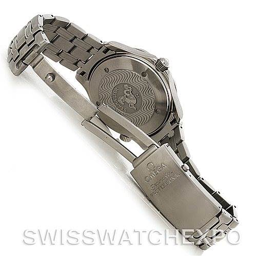 The image shows the back case and clasp of an Omega Seamaster 2531.80.00 Men
s Stainless Steel Blue Dial 2531.80.00 Men
s Stainless Steel Blue Dial watch at an angle.