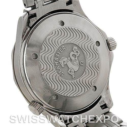 The image shows the back of an Omega Seamaster 2531.80.00 Men
s Stainless Steel Blue Dial 2531.80.00 Men
s Stainless Steel Blue Dial watch, highlighting the engraved case back, crown, and part of the bracelet.