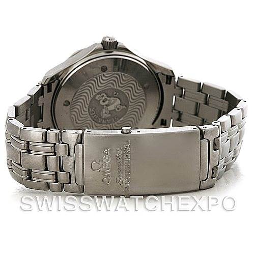 The image shows the back angle of an Omega Seamaster 2531.80.00 Men
s Stainless Steel Blue Dial 2531.80.00 Men
s Stainless Steel Blue Dial watch, with a focus on the case back and bracelet clasp.