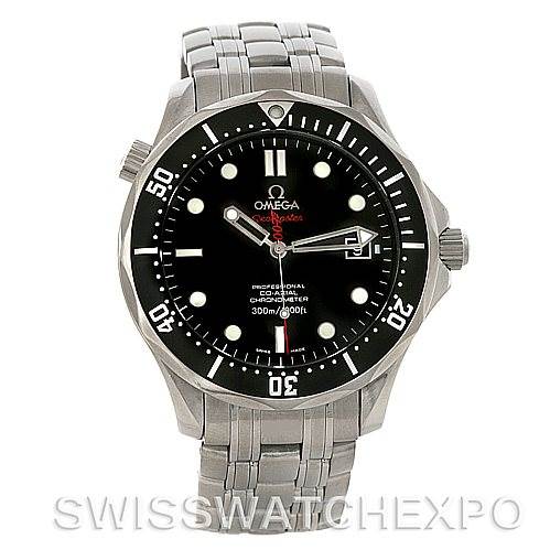 The image shows a front angle of an Omega Seamaster 212.30.41.20.01.001 Men's Stainless Steel Black Dial 212.30.41.20.01.001 Men's Stainless Steel Black Dial watch, displaying the dial, bezel, and stainless steel bracelet.