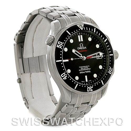 The image shows an angled view of an Omega Seamaster 212.30.41.20.01.001 Men's Stainless Steel Black Dial 212.30.41.20.01.001 Men's Stainless Steel Black Dial watch, highlighting the dial, bezel, and bracelet.