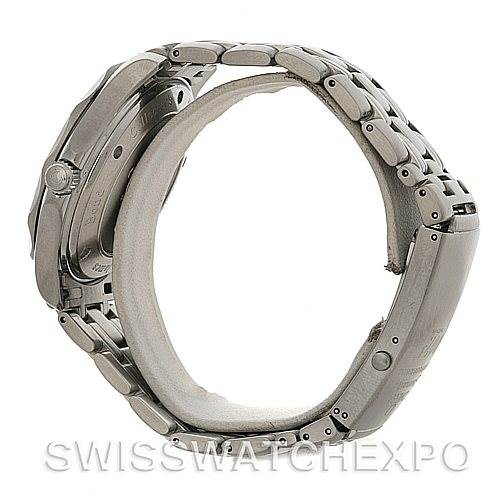 The image shows a side view of the Omega Seamaster 212.30.41.20.01.001 Men's Stainless Steel Black Dial 212.30.41.20.01.001 Men's Stainless Steel Black Dial watch, highlighting the case, crown, and bracelet.