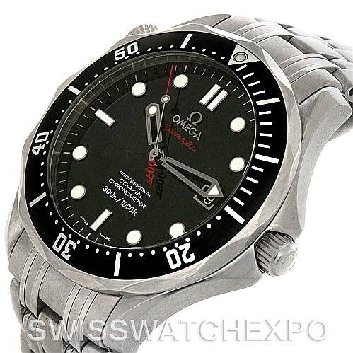 The image shows an angled view of the Omega Seamaster 212.30.41.20.01.001 Men's Stainless Steel Black Dial 212.30.41.20.01.001 Men's Stainless Steel Black Dial watch displaying the dial, bezel, crown, and part of the bracelet.