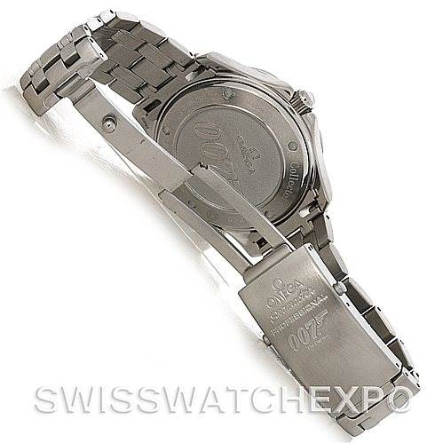 This image shows the back case and clasp of an Omega Seamaster 212.30.41.20.01.001 Men's Stainless Steel Black Dial 212.30.41.20.01.001 Men's Stainless Steel Black Dial watch, highlighting its metal bracelet and engravings.