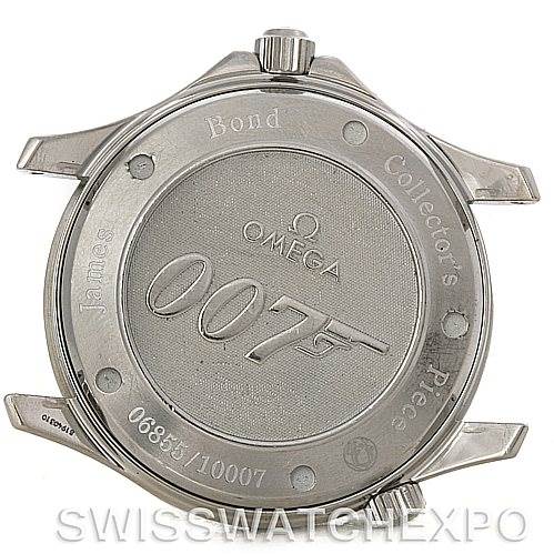The image shows the case back of an Omega Seamaster 212.30.41.20.01.001 Men's Stainless Steel Black Dial 212.30.41.20.01.001 Men's Stainless Steel Black Dial watch, featuring "007," "James Bond," and "Collector's Piece" engravings.