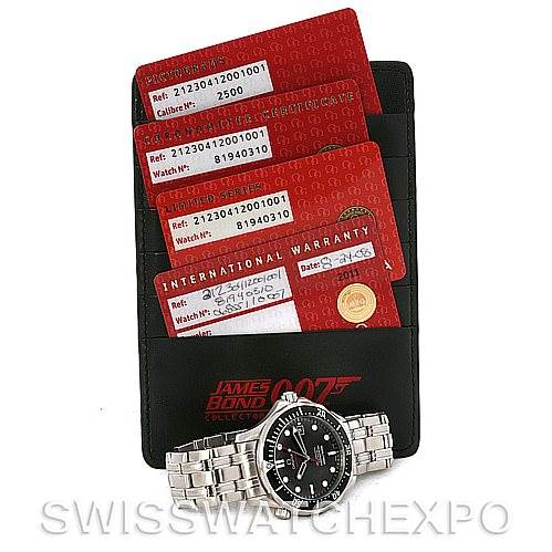 The image shows an Omega Seamaster 212.30.41.20.01.001 Men's Stainless Steel Black Dial 212.30.41.20.01.001 Men's Stainless Steel Black Dial watch and its accessories, including international warranty cards and a black cardholder with "James Bond 007" branding.