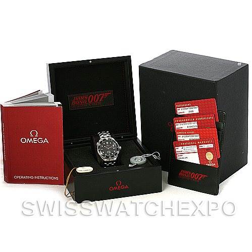 This image shows the Omega Seamaster 212.30.41.20.01.001 Men's Stainless Steel Black Dial 212.30.41.20.01.001 Men's Stainless Steel Black Dial watch at a front angle, along with its box, operating instructions, and certificates.