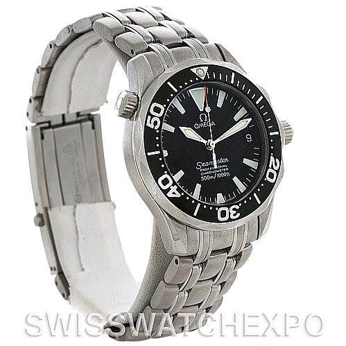 The Omega Seamaster 212.30.36.20.01.001 Women's Stainless Steel Black Dial 212.30.36.20.01.001 Women's Stainless Steel Black Dial watch in the image is shown at an angled side view, revealing its face, bezel, and metal bracelet.