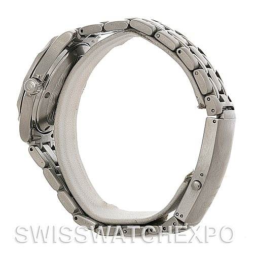 The image shows a side view of the Omega Seamaster 212.30.36.20.01.001 Women's Stainless Steel Black Dial 212.30.36.20.01.001 Women's Stainless Steel Black Dial watch, highlighting its metal bracelet, clasp, and crown.