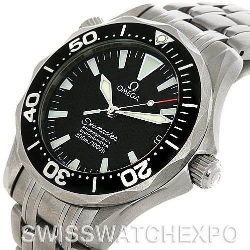 The image shows an Omega Seamaster 212.30.36.20.01.001 Women's Stainless Steel Black Dial 212.30.36.20.01.001 Women's Stainless Steel Black Dial watch from an oblique angle, highlighting the dial, bezel, crown, and part of the stainless steel bracelet.