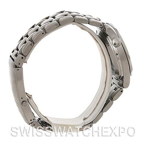 The side profile of the Omega Seamaster 212.30.36.20.01.001 Women's Stainless Steel Black Dial 212.30.36.20.01.001 Women's Stainless Steel Black Dial watch shows the crown, pushers, and metal bracelet.