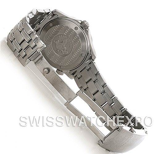 The image shows the back case and open clasp of an Omega Seamaster 212.30.36.20.01.001 Women's Stainless Steel Black Dial 212.30.36.20.01.001 Women's Stainless Steel Black Dial watch, highlighting the engraved back and metal bracelet.