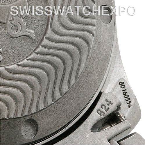 Close-up of the Omega Seamaster 212.30.36.20.01.001 Women's Stainless Steel Black Dial 212.30.36.20.01.001 Women's Stainless Steel Black Dial watch's case back, showing the engraving details and part of the serial number.