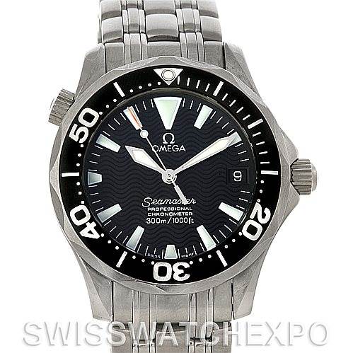 This image shows a front view of an Omega Seamaster 212.30.36.20.01.001 Women's Stainless Steel Black Dial 212.30.36.20.01.001 Women's Stainless Steel Black Dial watch, displaying its face, bezel, crown, and stainless steel bracelet.