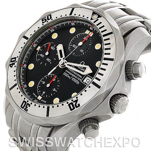 The image shows a side angle view of the Omega Seamaster 2598.80.00 Men
s Stainless Steel Blue Dial 2598.80.00 Men
s Stainless Steel Blue Dial watch, highlighting the bezel, dial, crown, pushers, and part of the bracelet.