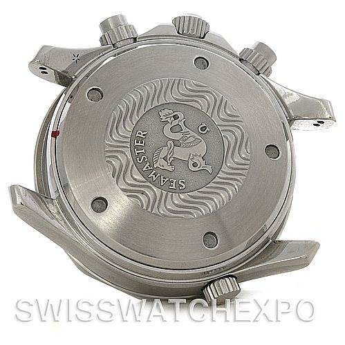 This image shows the back case of an Omega Seamaster 2598.80.00 Men
s Stainless Steel Blue Dial 2598.80.00 Men
s Stainless Steel Blue Dial watch with the Seamaster logo and wavy design, featuring pushers and crown.