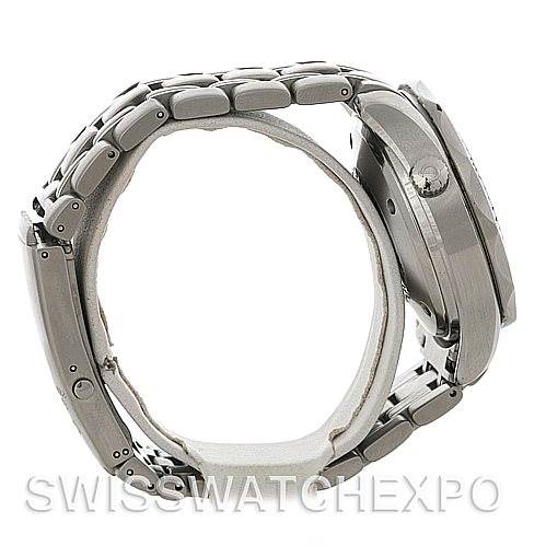 Side view of an Omega Seamaster 2598.80.00 Men
s Stainless Steel Blue Dial 2598.80.00 Men
s Stainless Steel Blue Dial watch showing its metal bracelet and bulky case with the crown visible.