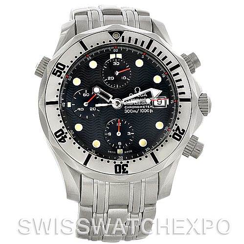 The image shows a front view of an Omega Seamaster 2598.80.00 Men
s Stainless Steel Blue Dial 2598.80.00 Men
s Stainless Steel Blue Dial watch, highlighting its face, bezel, and metal bracelet.