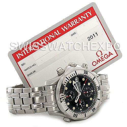 The image shows an Omega Seamaster 2598.80.00 Men
s Stainless Steel Blue Dial 2598.80.00 Men
s Stainless Steel Blue Dial watch displayed at an angle with its bracelet fully visible, alongside an international warranty card.