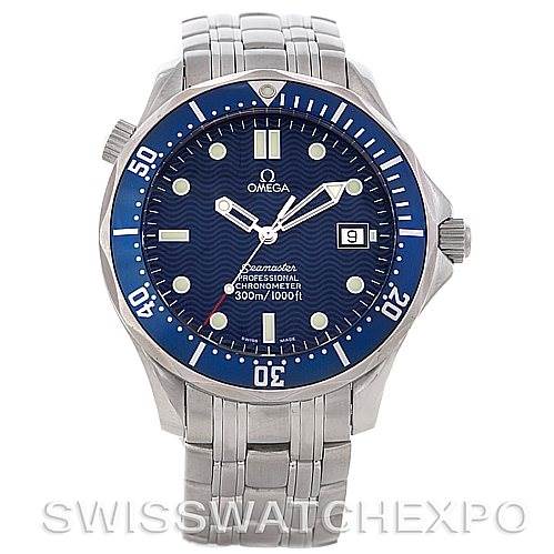 The Omega Seamaster 2531.80.00 Men
s Stainless Steel Blue Dial 2531.80.00 Men
s Stainless Steel Blue Dial watch is shown from a front angle, displaying its blue dial, bezel, stainless steel bracelet, and date window.
