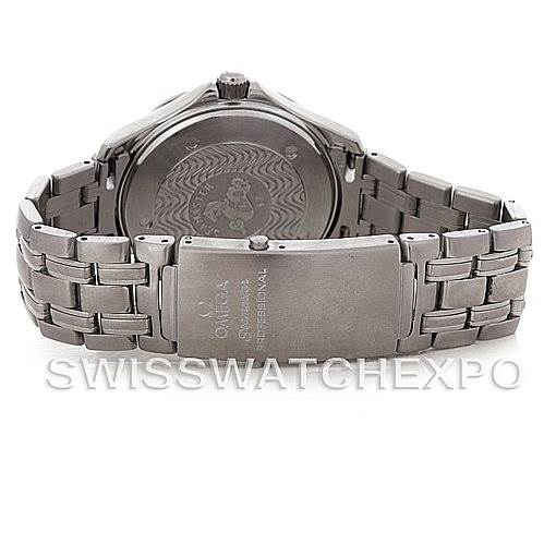 The image shows the back view of an Omega Seamaster 2531.80.00 Men
s Stainless Steel Blue Dial 2531.80.00 Men
s Stainless Steel Blue Dial watch, highlighting the case back and bracelet.