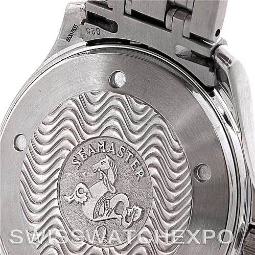 This close-up image shows the back case of an Omega Seamaster 2531.80.00 Men
s Stainless Steel Blue Dial 2531.80.00 Men
s Stainless Steel Blue Dial watch with part of the metal bracelet visible.