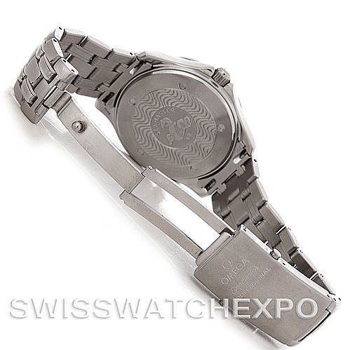 The image shows the back case, bracelet, and clasp of the Omega Seamaster 2531.80.00 Men
s Stainless Steel Blue Dial 2531.80.00 Men
s Stainless Steel Blue Dial watch from an angle highlighting its metal components.