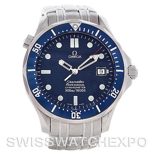 The image shows a front view of an Omega Seamaster 2531.80.00 Men
s Stainless Steel Blue Dial 2531.80.00 Men
s Stainless Steel Blue Dial watch, highlighting its blue dial, bezel, and bracelet.