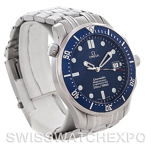The Omega Seamaster 2531.80.00 Men
s Stainless Steel Blue Dial 2531.80.00 Men
s Stainless Steel Blue Dial watch is shown at a three-quarter angle, displaying the blue dial, bezel, date window, and part of the metal bracelet.