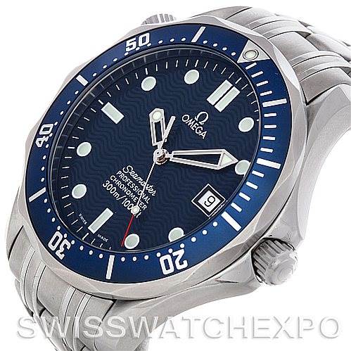 The Omega Seamaster 2531.80.00 Men
s Stainless Steel Blue Dial 2531.80.00 Men
s Stainless Steel Blue Dial watch is shown at an angle highlighting its face, bezel, crown, and part of the stainless steel bracelet.