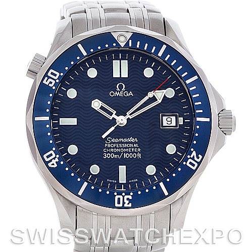 The image shows a front view of the Omega Seamaster 2531.80.00 Men
s Stainless Steel Blue Dial 2531.80.00 Men
s Stainless Steel Blue Dial watch, highlighting its face, bezel, and part of the bracelet.