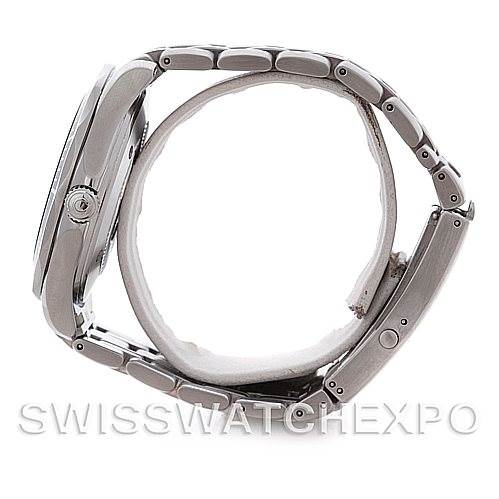 The Omega Seamaster 2531.80.00 Men
s Stainless Steel Blue Dial 2531.80.00 Men
s Stainless Steel Blue Dial watch is shown from a side angle, highlighting its case, bracelet, and clasp.