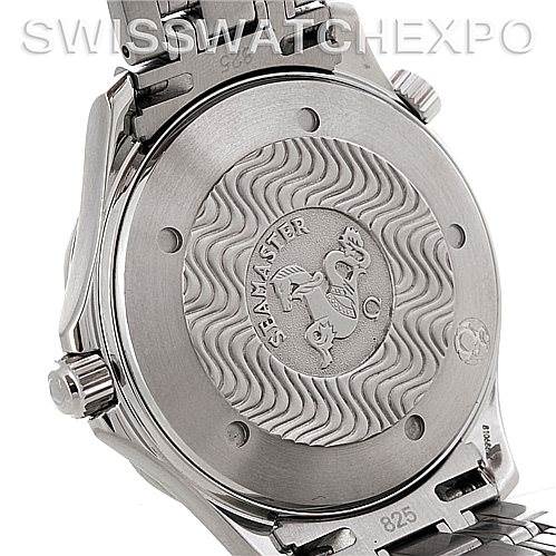 The image shows the back case of an Omega Seamaster 2531.80.00 Men
s Stainless Steel Blue Dial 2531.80.00 Men
s Stainless Steel Blue Dial watch with a clear view of the engraved design.