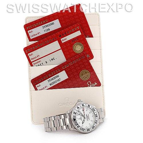 The image shows an Omega Seamaster 2538.20.00 Men's Stainless Steel White Dial 2538.20.00 Men's Stainless Steel White Dial watch along with its warranty cards, photographed from a top view.