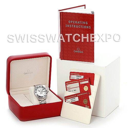 The image shows an Omega Seamaster 2538.20.00 Men's Stainless Steel White Dial 2538.20.00 Men's Stainless Steel White Dial watch, its packaging, instruction manual, and accompanying certification cards.