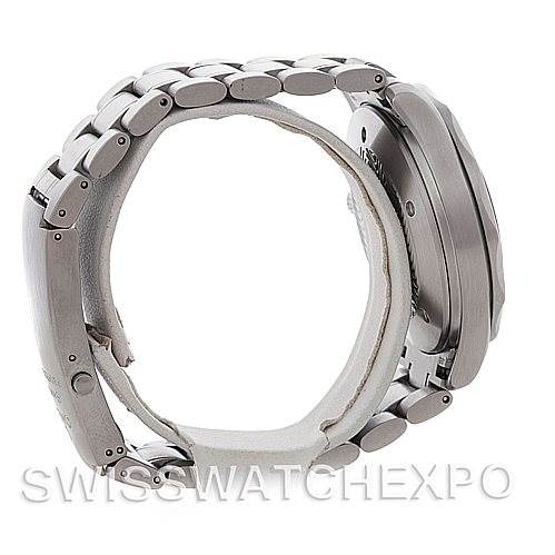 The image shows a side view of the Omega Seamaster 2538.20.00 Men's Stainless Steel White Dial 2538.20.00 Men's Stainless Steel White Dial watch, highlighting its metal bracelet and case.