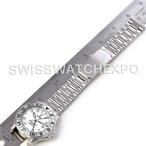 A top-down view of the Omega Seamaster 2538.20.00 Men's Stainless Steel White Dial 2538.20.00 Men's Stainless Steel White Dial watch showing the face, bracelet, and clasp, measured against a ruler.