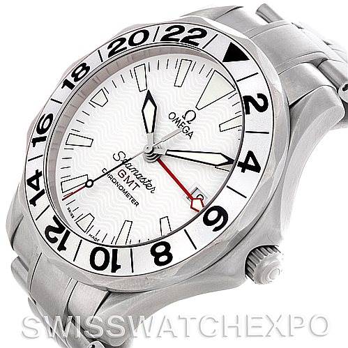 This image shows an angled view of the Omega Seamaster 2538.20.00 Men's Stainless Steel White Dial 2538.20.00 Men's Stainless Steel White Dial watch, highlighting its bezel, dial, hands, and crown.