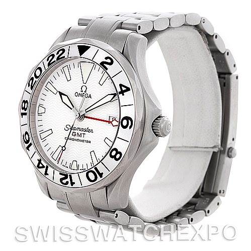 The image shows a side angle of an Omega Seamaster 2538.20.00 Men's Stainless Steel White Dial 2538.20.00 Men's Stainless Steel White Dial GMT watch, highlighting its bracelet, crown, and dial.
