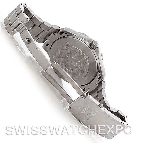 The image shows the back case and clasp of an Omega Seamaster 2538.20.00 Men's Stainless Steel White Dial 2538.20.00 Men's Stainless Steel White Dial watch at an angle that highlights the bracelet and engravings.