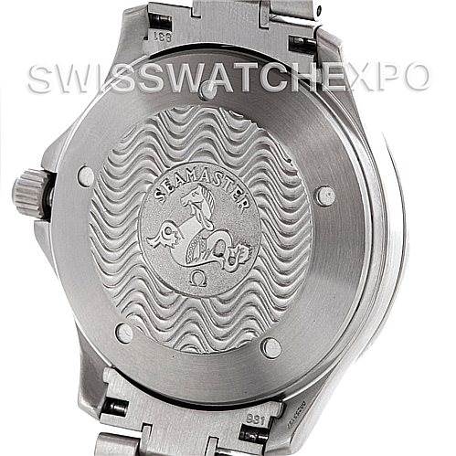 The image shows the back case of an Omega Seamaster 2538.20.00 Men's Stainless Steel White Dial 2538.20.00 Men's Stainless Steel White Dial watch, highlighting the engraved wave pattern and logo.