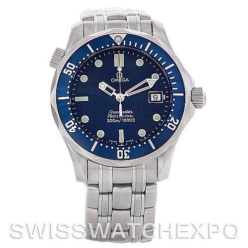 The image shows a front view of the Omega Seamaster 2223.80.00 Men's Stainless Steel Blue Dial 2223.80.00 Men's Stainless Steel Blue Dial watch with a blue dial, bezel, and stainless steel bracelet.
