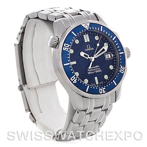 This image shows an Omega Seamaster 2223.80.00 Men's Stainless Steel Blue Dial 2223.80.00 Men's Stainless Steel Blue Dial watch at a three-quarter angle, highlighting the bracelet, bezel, face, and crown.